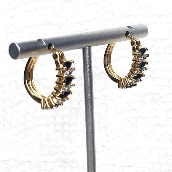 ROSS SIMONS Diamond Sapphire Vermeil Yellow Gold Sterling Silver Hoop Earrings - Picture 4 of 9